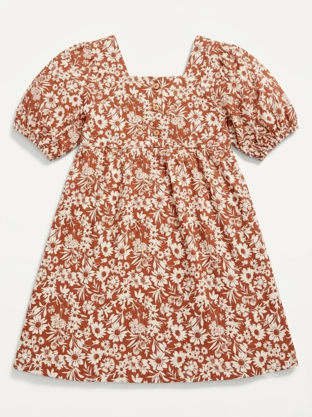 Girls Square-Neck Puff-Sleeve Floral Dress in Rust and Cream